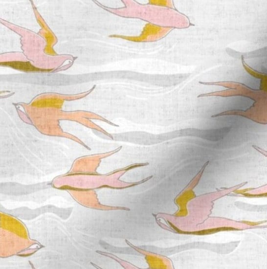 One (1) Curtain Panel Organic Cotton "Where Birds Fly - Peach" 54" Wide. Sateen Cotton Fabric with White, Gray Clouds, Colorful Birds