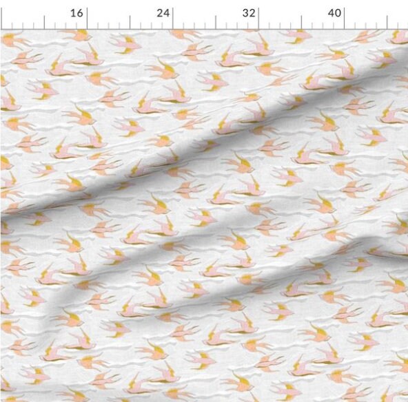 One (1) Curtain Panel Organic Cotton "Where Birds Fly - Peach" 54" Wide. Sateen Cotton Fabric with White, Gray Clouds, Colorful Birds