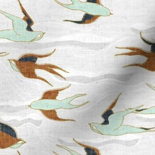 One (1) Curtain Panel Organic Cotton "Where Birds Fly - Tan" 54" Wide. Sateen Cotton Fabric with White, Gray Clouds, Mint, Mustard Birds