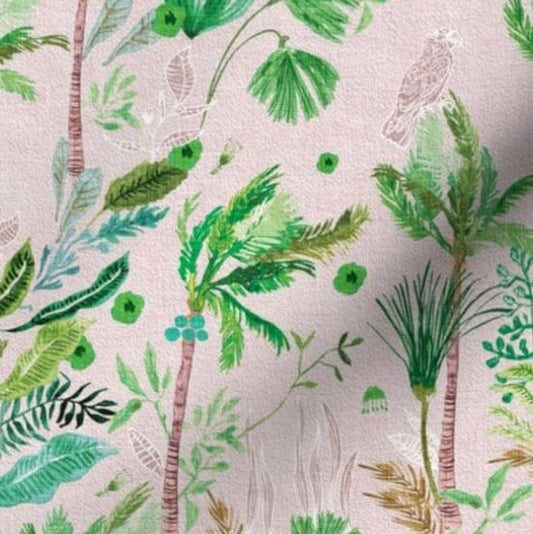 One (1) Curtain Panel Organic Cotton "Paradisio Forest - Blush" - 54" Wide. Sateen Cotton Fabric with Palms and Tropical Birds