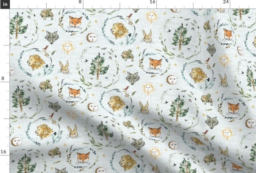 One (1) Curtain Panel Organic Cotton "Story Time Blue" - 54 inch Wide. Sateen Fabric, Blue, Animal Cameo, Fox, Lion, Moon, Trees, Sun