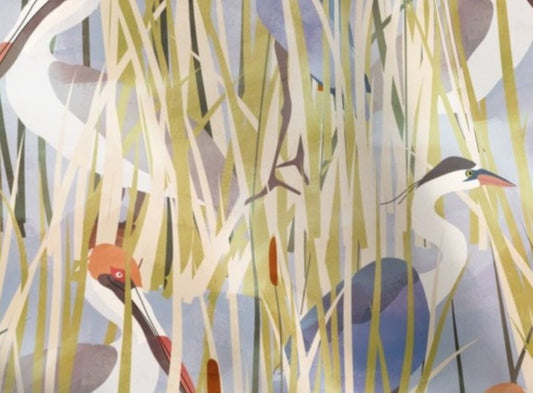 One (1) Curtain Panel or Valance - Organic Cotton "Marsh Birds" - 54" Wide. Custom Made to Order Sateen Cotton Window Treatment. Blue Herons