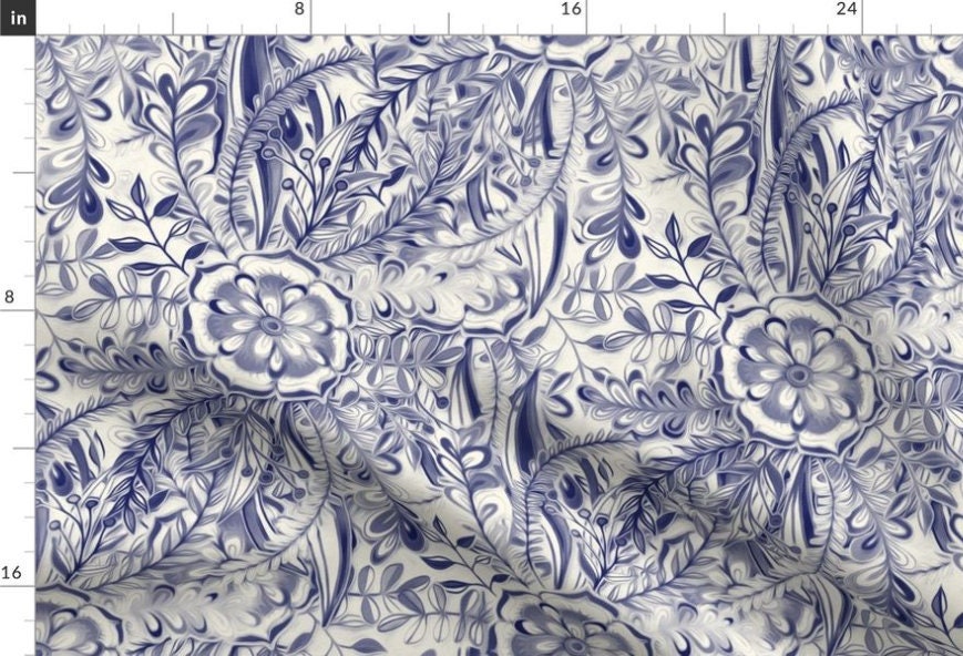 One (1) Curtain Panel or Valance Organic Cotton "Boho Flower Burst in Indigo Navy Blue and Cream" - 54" Wide. Sateen Cotton Fabric, Leaves