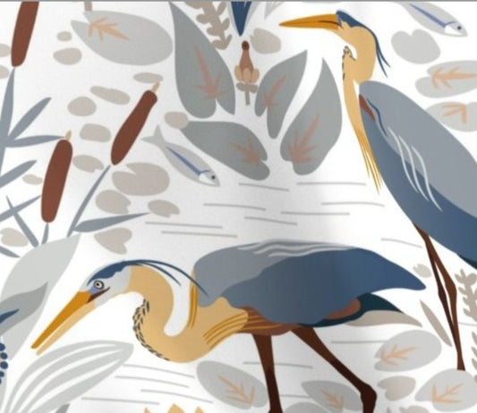 One (1) Curtain Panel Organic Cotton "Fishing Heron and Irises" - 54" Wide. Sateen Cotton Fabric, Blue Herons, Cranes, Cattails, Tall Weeds