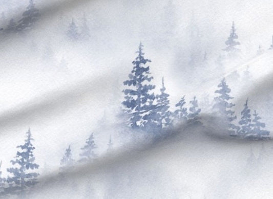 One (1) Curtain Panel Organic Cotton "Through The Trees" - 54" Wide. Sateen Cotton Fabric, Monochromatic, Blue, White, Pine Tree, Mist