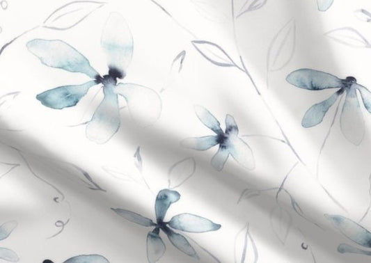 One (1) Curtain Panel or Valance Organic Cotton "Clematis blue and white watercolor floral" - 54inch Wide. Sateen Cotton. Delicate Flowers