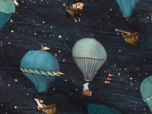 One (1) Curtain Panel Organic Cotton "Forest Animal Hot Air Balloon Night Adventure" - 54" Wide. Sateen Cotton Fabric with Star Explorers