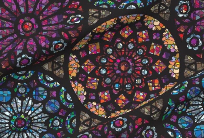 One (1) Curtain Panel Organic Cotton "Stained Glass Rose Windows" - 54" Wide. Sateen Cotton Fabric with Mosaic Stained Glass Fragments