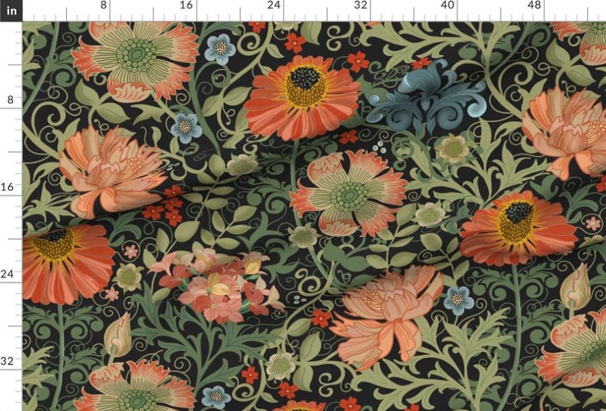 One (1) Curtain Panel Cotton "Le Jardin Art Nouveau black" - 54 inch Wide. Sateen Cotton Fabric with Large Bold Orange Flowers