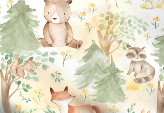 One (1) Curtain Panel Organic Cotton "Woodland Animals - Baby Animals in Forest light background" - 54" Wide. Sateen Cotton Fabric Fox Bear