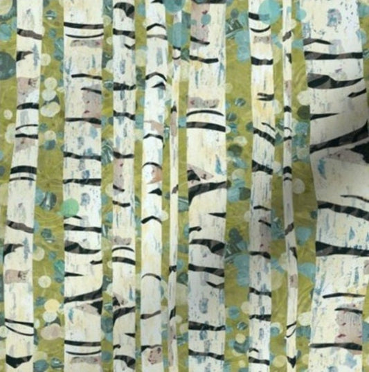 One (1) Curtain Panel - Organic "Birch Tree Green" White Birch Tree - 54" Wide - Blackout lining available Tree Bark Print Green, Impression