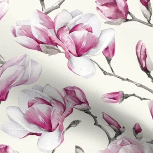 One (1) Curtain Panel Organic Cotton "Magnolias on Off-White" - 54" Wide. Sateen Cotton Fabric, Leaves, Floral, Pink, White, Cream, Beige