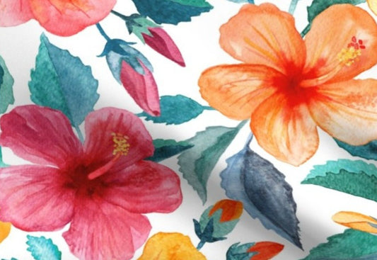 One (1) Curtain Panel Cotton "Colorful Watercolor Hibiscus on Clean White " - 54" Wide. Sateen Cotton Fabric Large Tropical Flowers