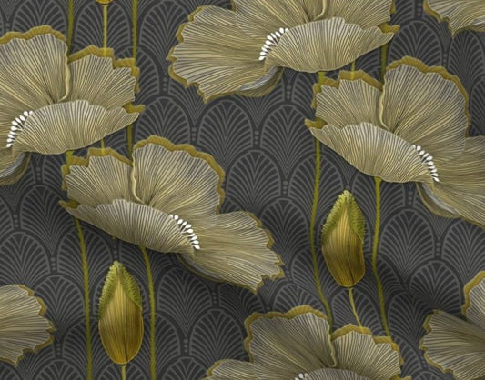 One (1) Curtain Panel - "Art Deco Fleurs D’or" - 54" Wide - Blackout lining available. Large gold flowers on charcoal grey. Handmade
