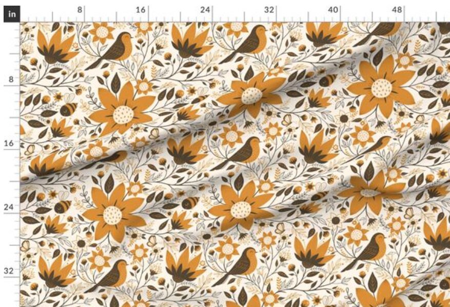 One (1) Curtain Panel Organic Cotton "Birds + Bees Amber" - 54" Wide. Sateen Cotton Fabric Bird, Bee, Orange, Brown, Flowers, Butterflies