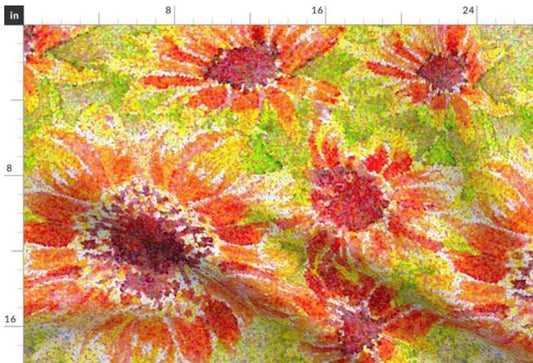 One (1) Curtain Panel Organic Cotton "Sunflowers" - 54" Wide. Sateen Cotton Fabric Large Yellow, Orange, Red, Green. Stippling Flowers.