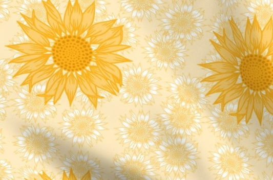 One (1) Curtain Panel Organic Cotton "Sunflower Study In Yellow" - 54" Wide. Sateen Cotton Fabric Large Yellow Flowers, Golden Sun
