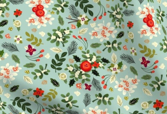 One (1) Curtain Panel Organic Cotton "Vintage Ditsy Mistletoe" - 54" Wide. Sateen Cotton Fabric Red and White Christmas Floral on Teal