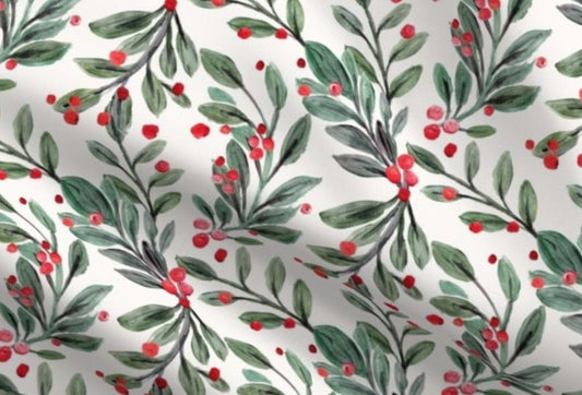 One (1) Curtain Panel, Cotton "mistletoe and red berries" - 54" Wide. Sateen Cotton Fabric Red and Green Christmas on white