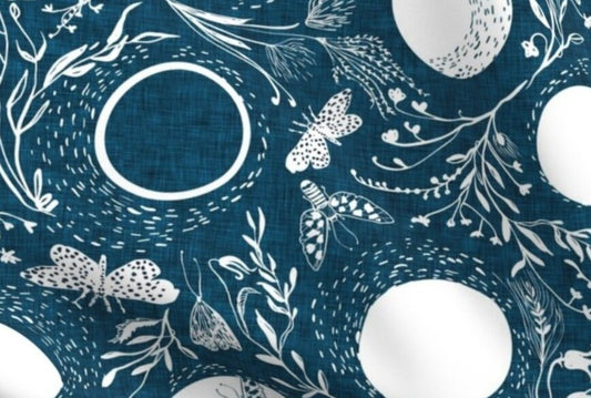 One (1) Curtain Panel Cotton "Deluna Navy" - 54" Wide. Sateen Cotton Fabric White Moons and Moth, Butterfly on Blue. Firefly Floral