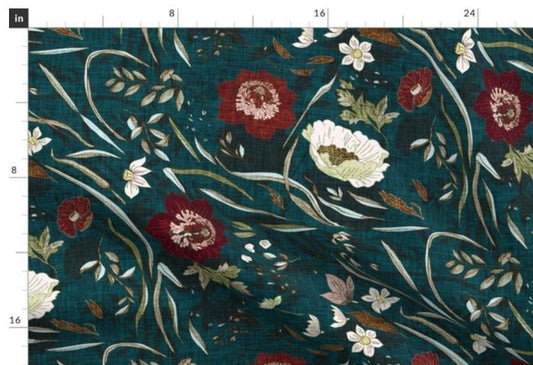 One (1) Curtain Panel or Valance Cotton "Noir Floral" - 54" Wide. Handmade Sateen Cotton Fabric. Large Floral Print. Teal, White, Deep Red.
