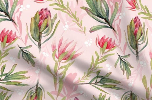 One (1) Watercolor Protea Curtain Panel Pink 54" Wide - Blackout lining optional - Tropical Hand Drawn, Botanical, Floral, Pink and Green