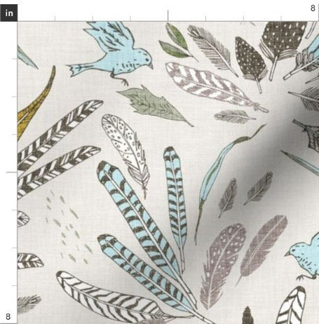 One (1) Curtain Panel Cotton "Noir Feathers Cream" - 54 inch wide - Home Decor Elegant Boho Feather Birds Leaves, Hand Sketched Design