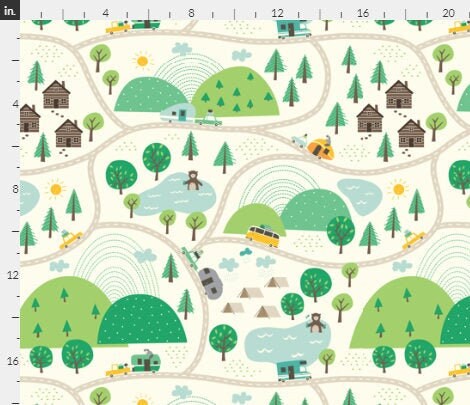 One (1) Curtain Panel "Let's go Camping" 54 inch wide - Blackout lining optional - Wildlife, cabin, nature, outdoor, mountain climbing