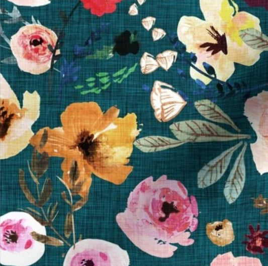 One (1) Curtain Panel or Valance "Burst into Bloom Teal" 54 inch Wide - Blackout lining optional - Bold Floral, Multicolor, Artist Designed