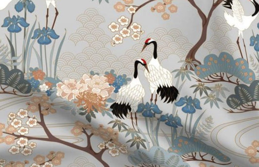 One (1) "Japanese Garden Grey" Curtain Panel 54 inch Wide - Blackout lining optional - Cranes, Ponds, Flowers