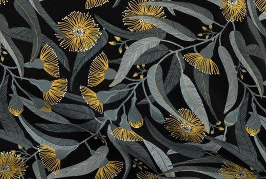 One (1) Yellow Eucalyptus on Black 54" Wide - Blackout lining optional - Bold Floral, Artist Designed Fabric
