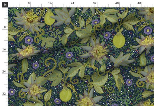 One (1) Lilikoi Vine 54" Wide - Blackout lining optional - Bold Floral, Artist Designed Fabric. Green and Purple Floral Design. Large Flower
