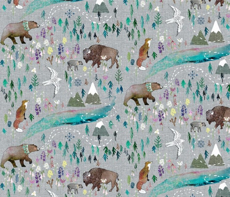 One (1) Curtain Panel Cotton "Summer Aurora" - Nature home decor, Outdoorsy curtains, Lodge, Cottage, Wilderness, bear, bison