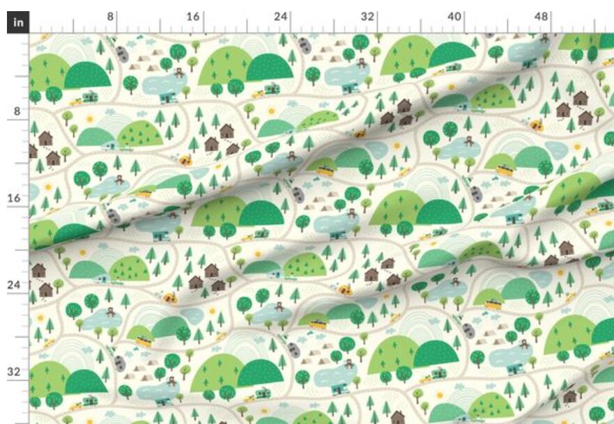 One (1) Curtain Panel "Let's go Camping" 54 inch wide - Blackout lining optional - Wildlife, cabin, nature, outdoor, mountain climbing