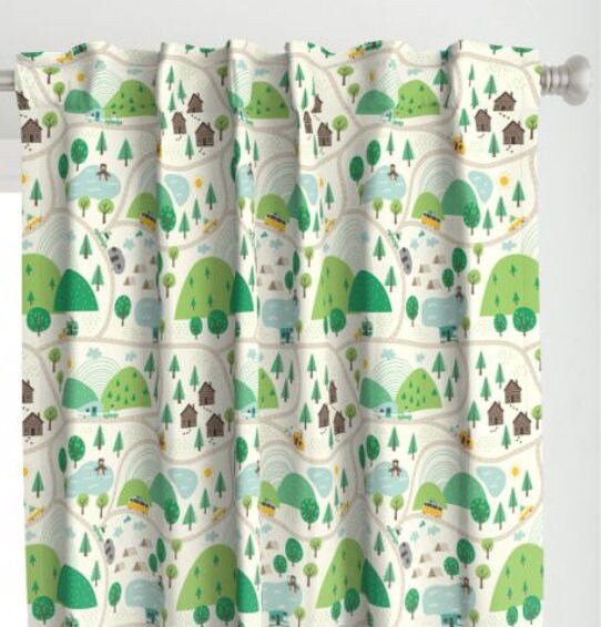 One (1) Curtain Panel "Let's go Camping" 54 inch wide - Blackout lining optional - Wildlife, cabin, nature, outdoor, mountain climbing