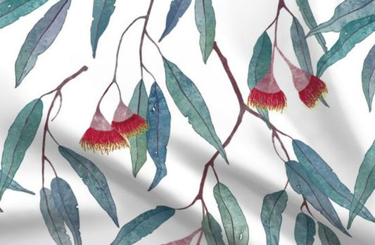 One (1) Curtain Panel or Valance "Eucalyptus leaves and flowers" 54 inch Wide - Blackout lining optional - Artist Designed. Handmade in Ohio