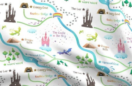 One (1) Curtain Panel "Fairytale Map Pink" 54 inch Wide - Blackout lining optional - Artist Designed, Princess Castle, Dragons, Magic