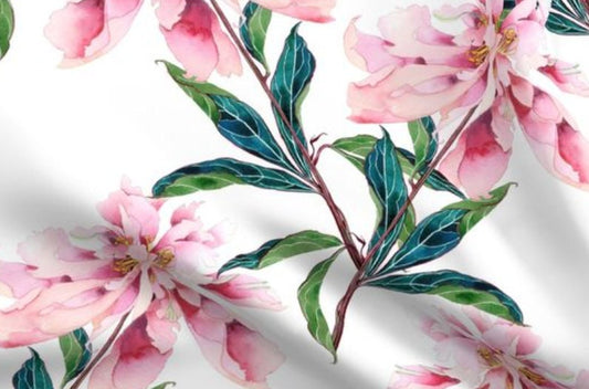 One (1) Peony Curtain Panel Pink 54" Wide - Blackout lining optional - Bold Floral, Artist Designed Fabric, Pink and Green on White