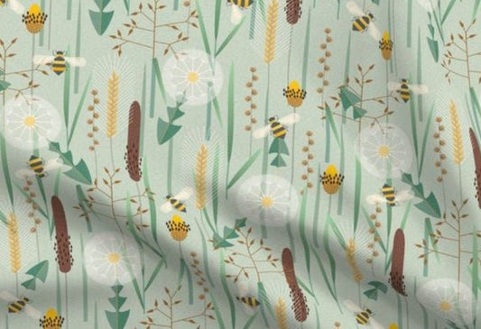 One (1) Curtain Panel "Wild Grasses - large" 54 inch Wide - Blackout lining optional - Tall Summer Grasses. Cattails, Bees, Dandelions.