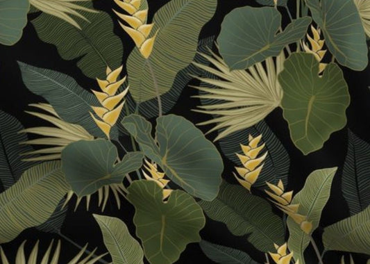 One (1) Curtain Panel "Tropical Night on Black" 54 inch Wide - Blackout lining optional - Bold Large Leaves in Green and Yellow