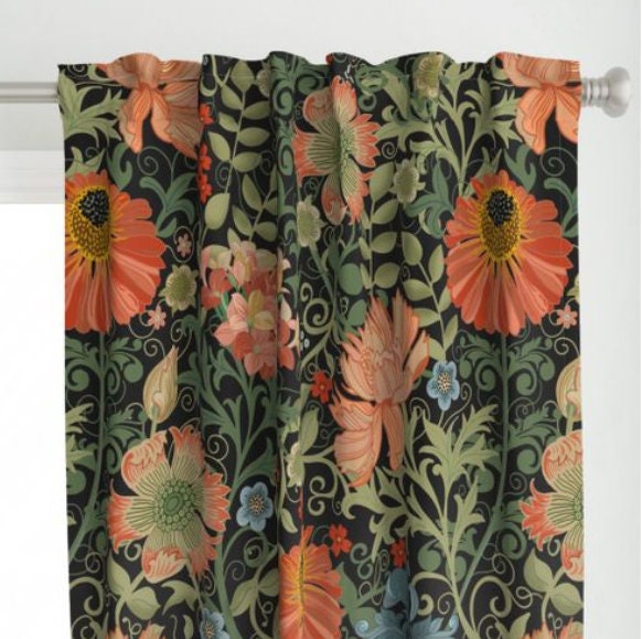 One (1) Curtain Panel Cotton "Le Jardin Art Nouveau black" - 54 inch Wide. Sateen Cotton Fabric with Large Bold Orange Flowers
