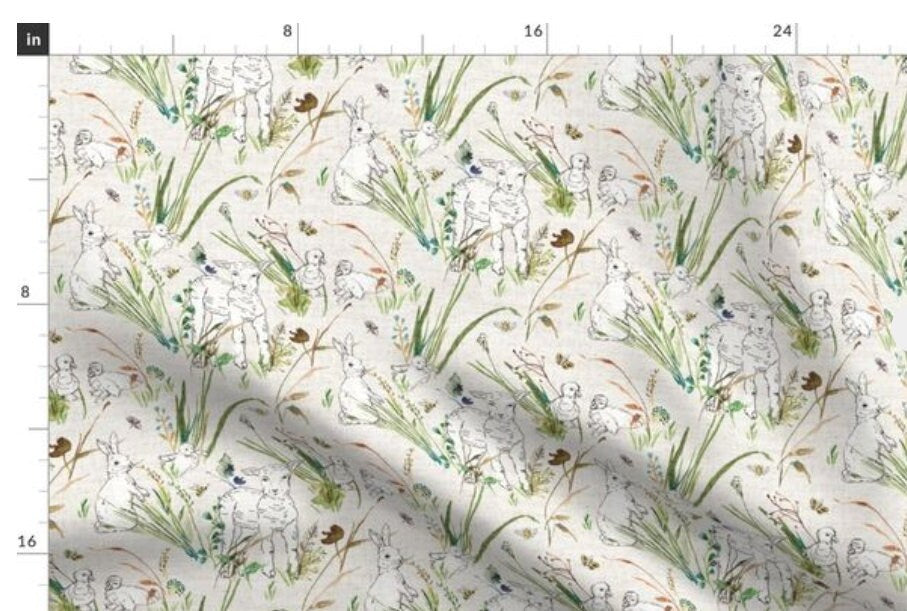 One (1) Curtain Panel Organic Cotton "Spring Babies - Oatmeal" 54" Wide. Sateen Cotton Fabric Featuring Sheep, Bunnies, Ducklings and Plants