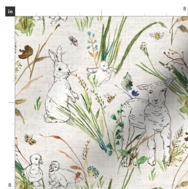 One (1) Curtain Panel Organic Cotton "Spring Babies - Oatmeal" 54" Wide. Sateen Cotton Fabric Featuring Sheep, Bunnies, Ducklings and Plants