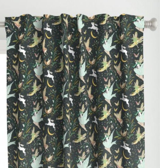 One (1) Curtain Panel Organic Cotton "Enchanted Fairies Pine" - 54" Wide. Sateen Cotton Fabric, Moon, Prince, Rabbit, Bird, Fairy, Fae