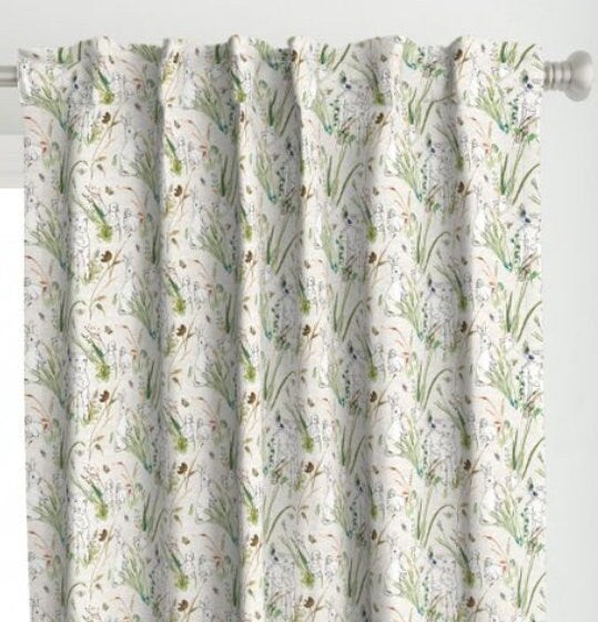 One (1) Curtain Panel Organic Cotton "Spring Babies - Oatmeal" 54" Wide. Sateen Cotton Fabric Featuring Sheep, Bunnies, Ducklings and Plants