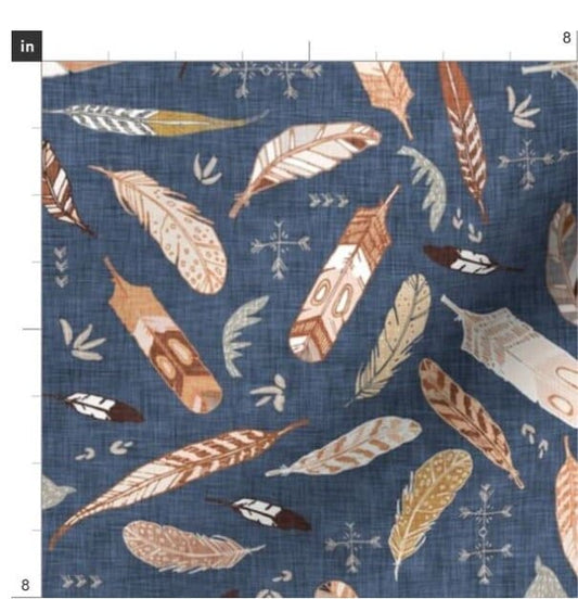 One (1) Curtain Panel Organic Cotton "Sunset Feathers - Denim Blue" 54" Wide. Sateen Cotton Fabric Featuring Gold Boho Feathers, Birds