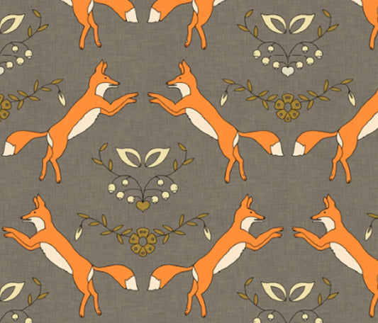 One (1) Dancing Foxes "Foxen" Cotton Curtain Panel - Blackout Optional- 54" Wide Grey fox nursery curtains orange, foxes, wildlife