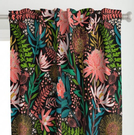 One (1) Curtain Panel "Protea Garden Teal and Black" 54" Wide - Blackout lining optional - Large Bold Floral Fabric - White, Green, Coral