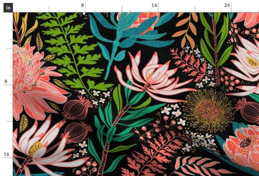 One (1) Curtain Panel "Protea Garden Teal and Black" 54" Wide - Blackout lining optional - Large Bold Floral Fabric - White, Green, Coral