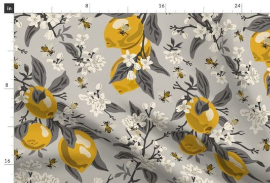 One (1) Curtain Panel or Valance - Bees and Lemons Grey Drapery - Handmade to Order Window Treatments. Yellow, Blooms, Flowers, Insects